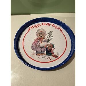 Christmas Vintage Tin Serving Tray 1992 Giordano Happy Holly Days Bear Metal